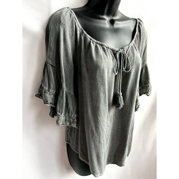 Paper Crane Flutter Sleeve Peasant Boho Blouse Gauzy Top Fringe Tassel Gray M - Picture 3 of 11